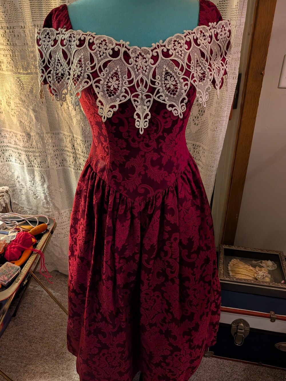 Scott McClintock Burgundy Off-Shoulder Dress with Cream Lace